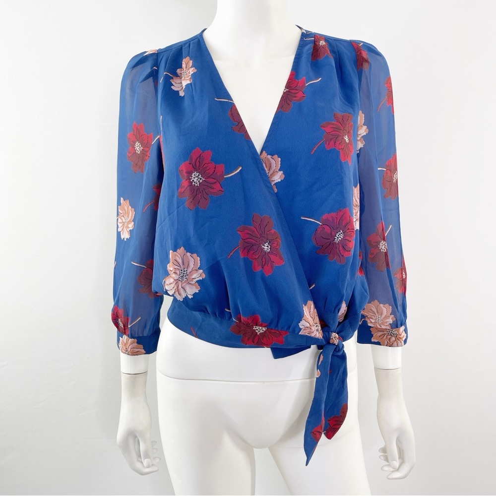 Madewell EFFIE Blue Floral Surplice Wrap Blouse 3/4 Sleeves Women's Size S